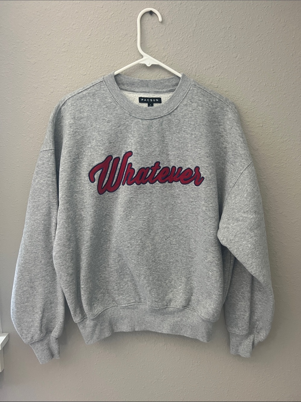 PacSun Gray Crewneck Sweatshirt with Burgundy 'Whatever' Script women’s size S